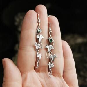 Gothic Victorian Fairycore Silver Leaf & Green Stone Earrings